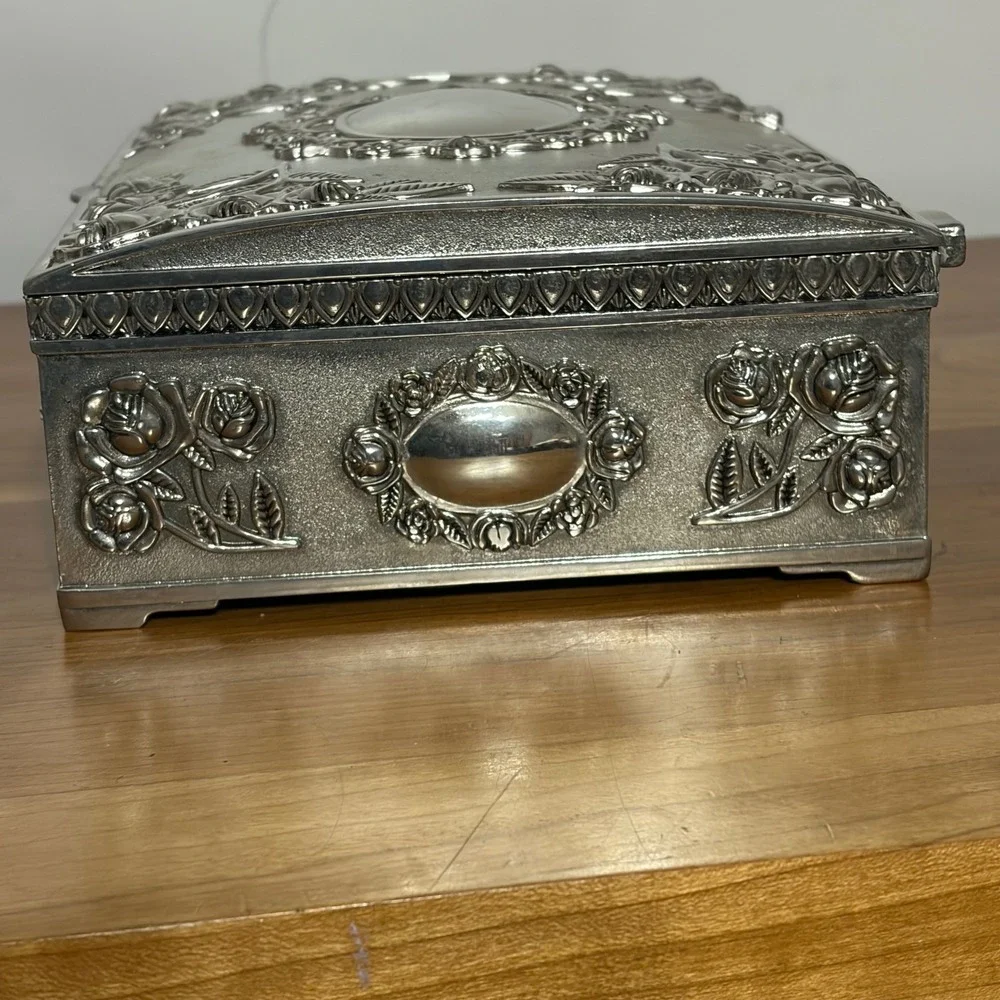 Godinger Silver Plated Ornate Floral Rose Jewelry Box Burgundy Velvet Lining